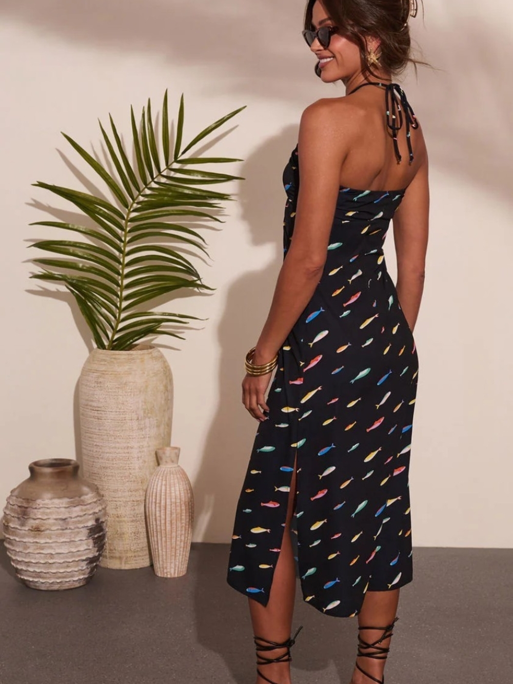Strapless Black Midi Dress with Colorful Fish Print - Picture 2 of 3